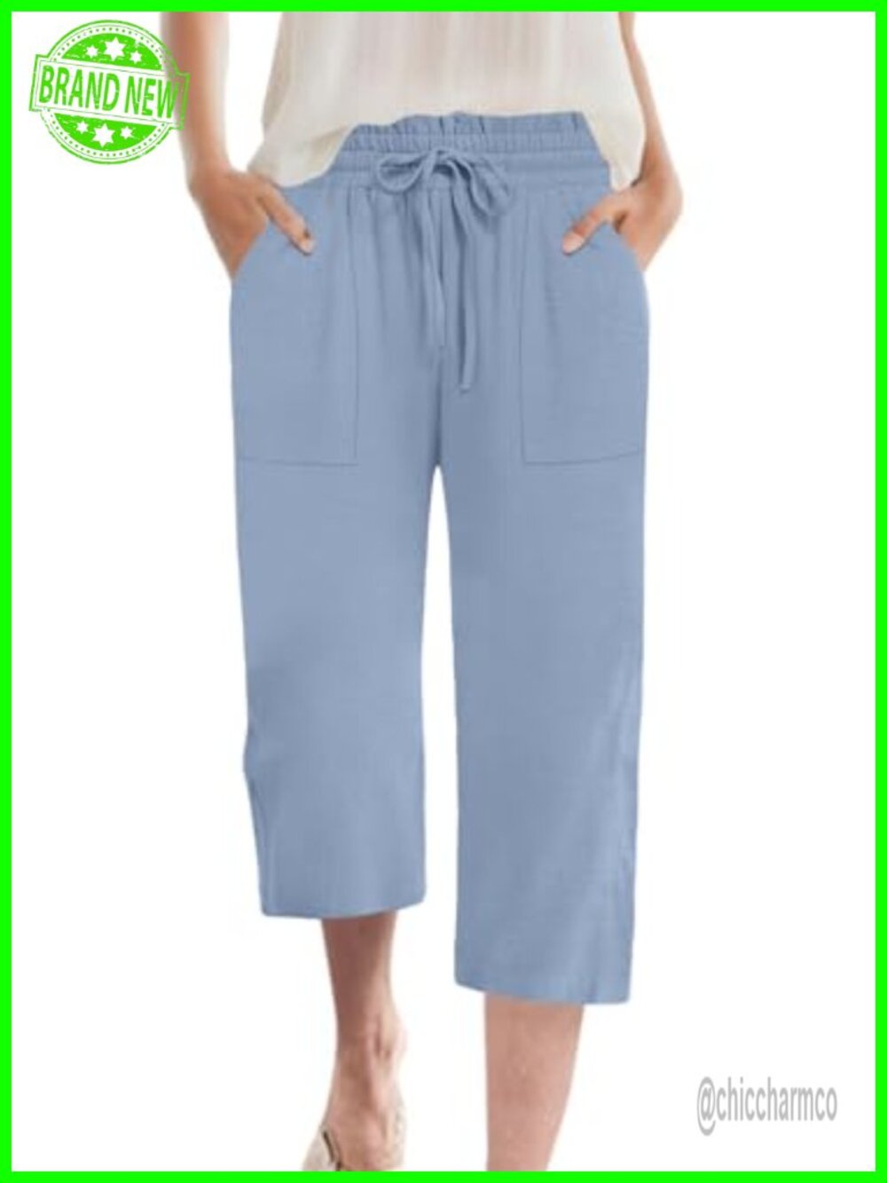 Wide Leg Chiffon Capri Pants High Waist Drawstring Pockets Summer Trousers